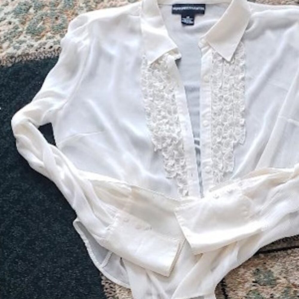 Norton White Festive Sheer Long Sleeve Blouse with a Ruffled Front